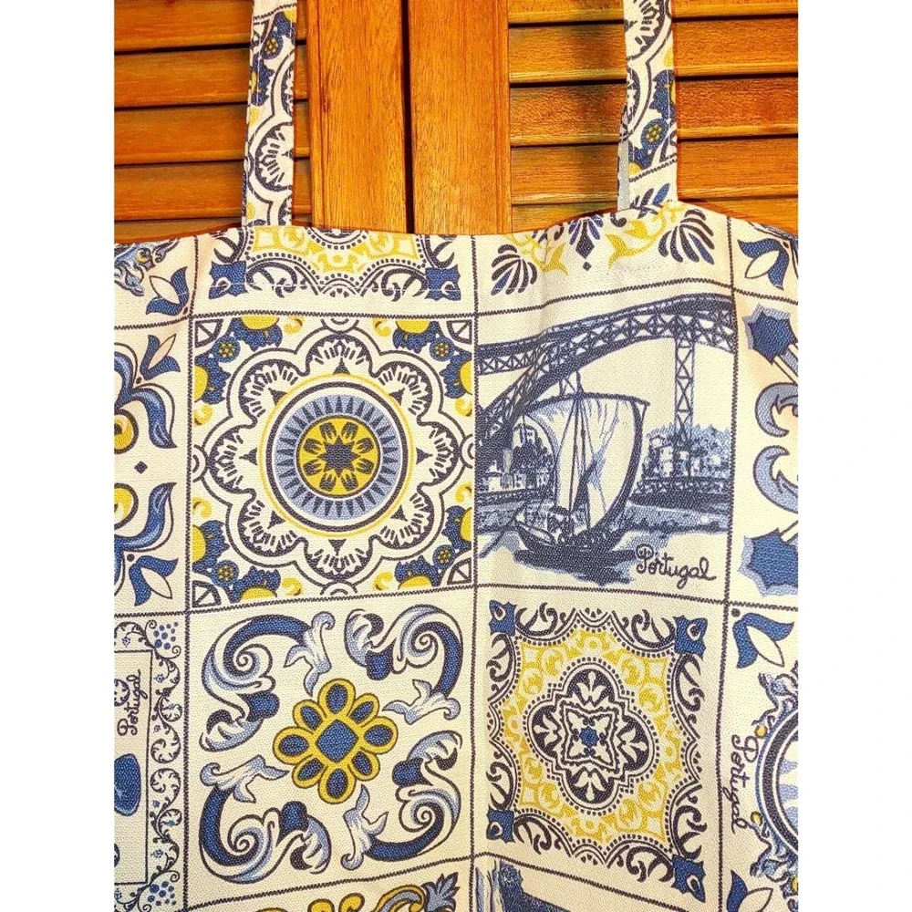 Portuguese Cotton Tote Bag Azulejo Tile Print OS Blue Yellow Excellent Condition